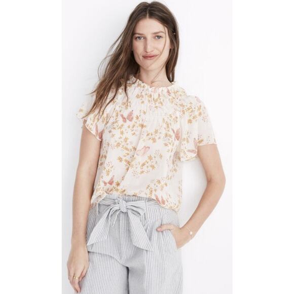 Madewell Butterfly Smocked Neck Top Size Large Fairycore Y2K Coquette Soft Girl - Picture 1 of 9